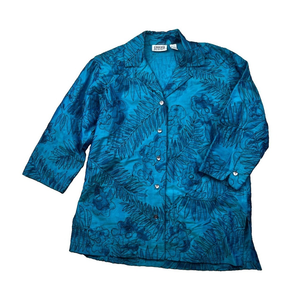 Chicos Blouse Sz Small Blue Silk Fern Leaves Floral Embroidered Beaded Tunic